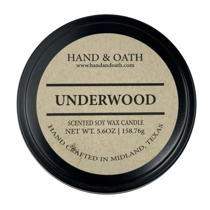 Underwood candle label for Hand & Oath