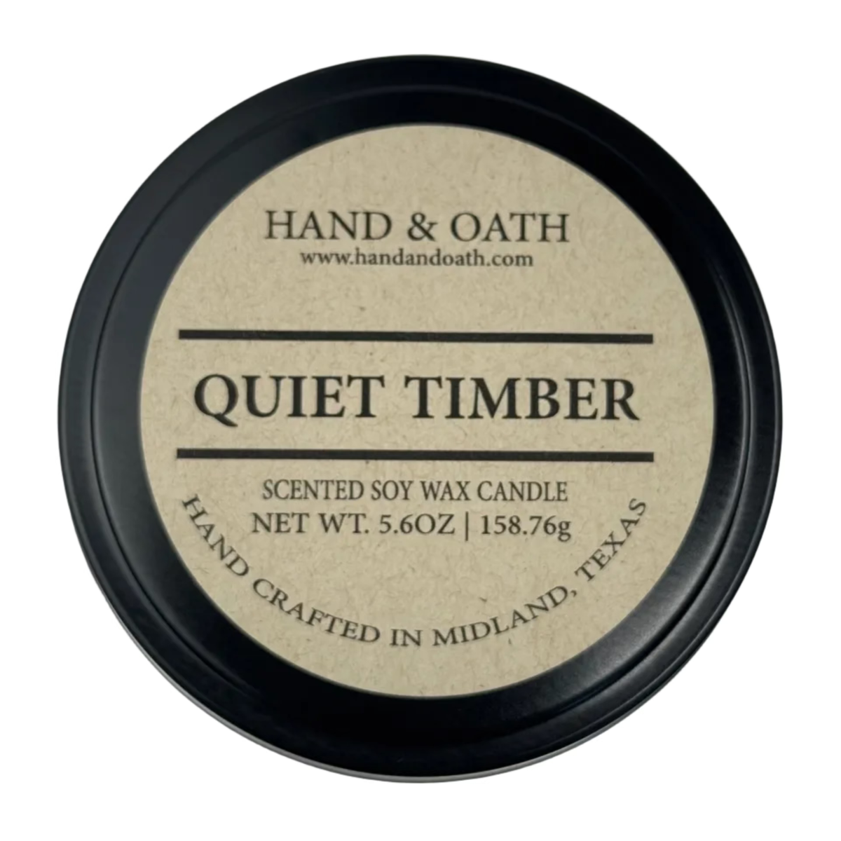 Quiet Timber candle label for Hand & Oath