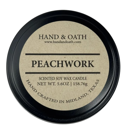 Peachwork candle label for Hand & Oath