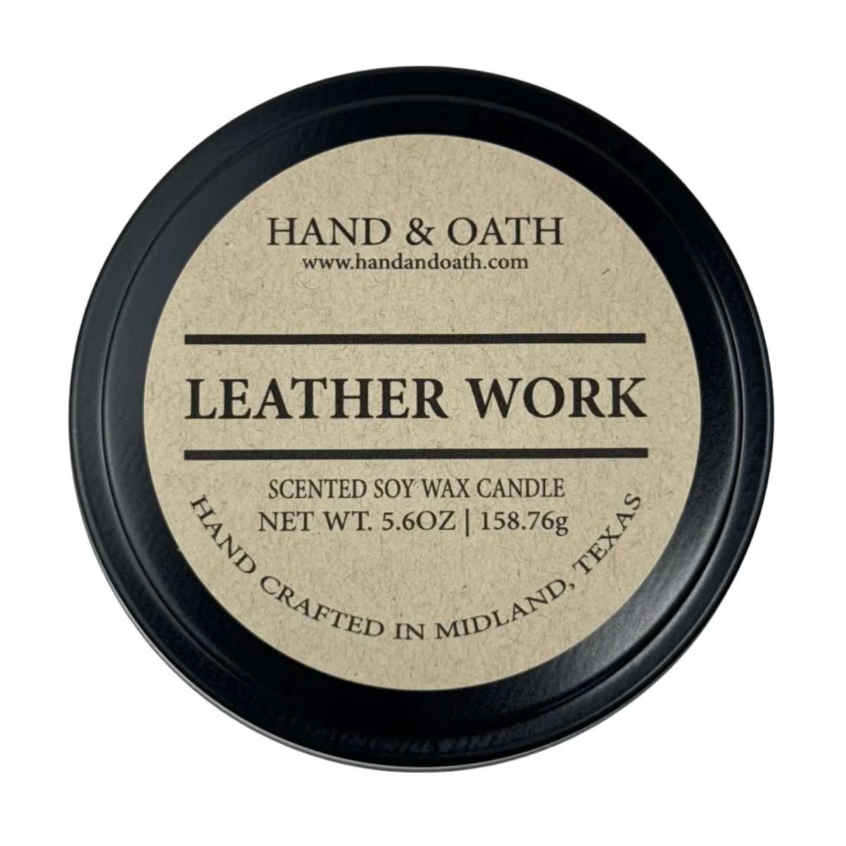Leather Work candle label for Hand & Oath