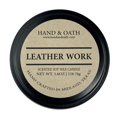 Leather Work candle label for Hand & Oath