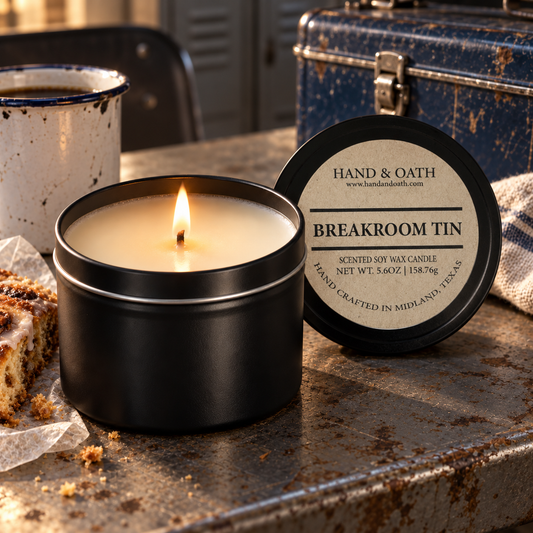 Breakroom Tin soy candle in a black tin, styled in a home setting