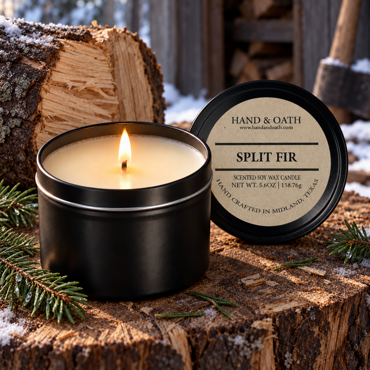 Split Fir soy candle in a black tin, styled in a home setting