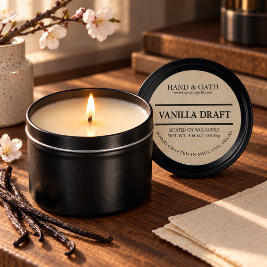 Vanilla Draft soy candle in a black tin, styled in a home setting